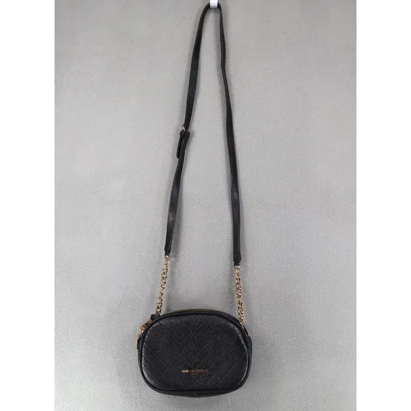Karl Lagerfeld Paris Charlotte Crossbody Leather Black Gold Chain‎ Round Pattern - Image 2