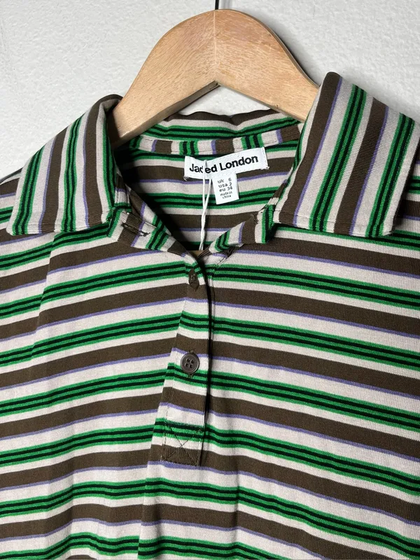 NEW Jaded London Mila Striped Short Sleeve Polo Shirt in Green Multi - Image 5