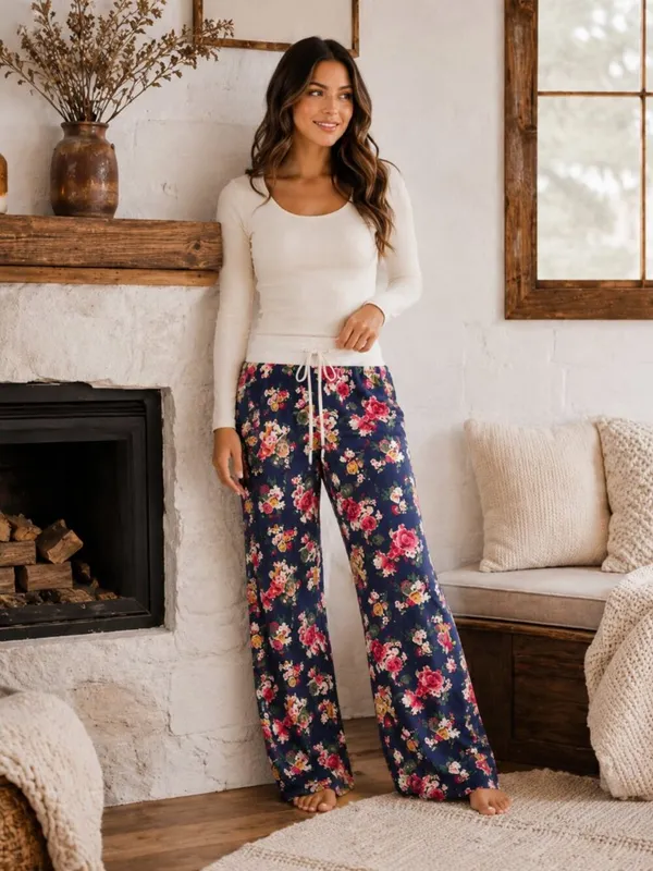 Navy Floral Wide Leg Lounge Pants Drawstring Waist NWT - Image 5