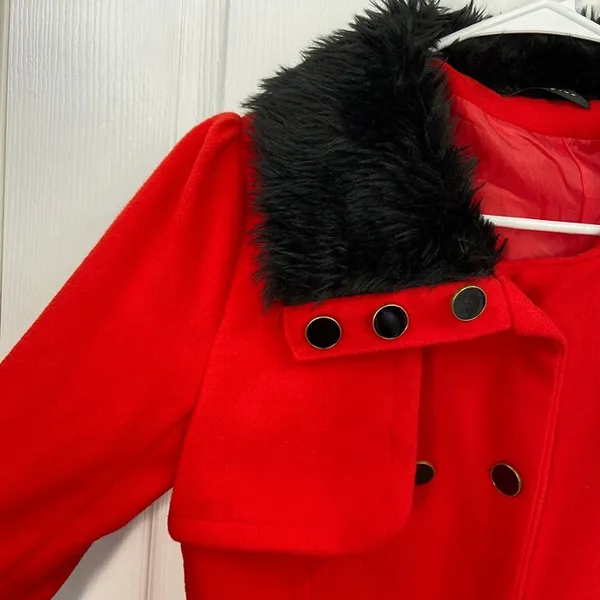 Yiyigiao red cotton faux fur collar peacoat button tiered belted coat XS small‎ - Image 3