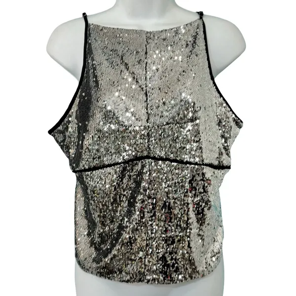 Free People James Silver Combo Black Sequin Open Back Tank Top Festival size L - Image 2