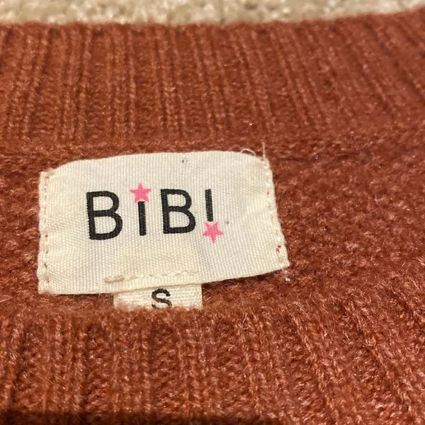 BiBi Knit Texture Contrast Crochet Stripe Brick Sweater Leopard Cuff S - Image 2