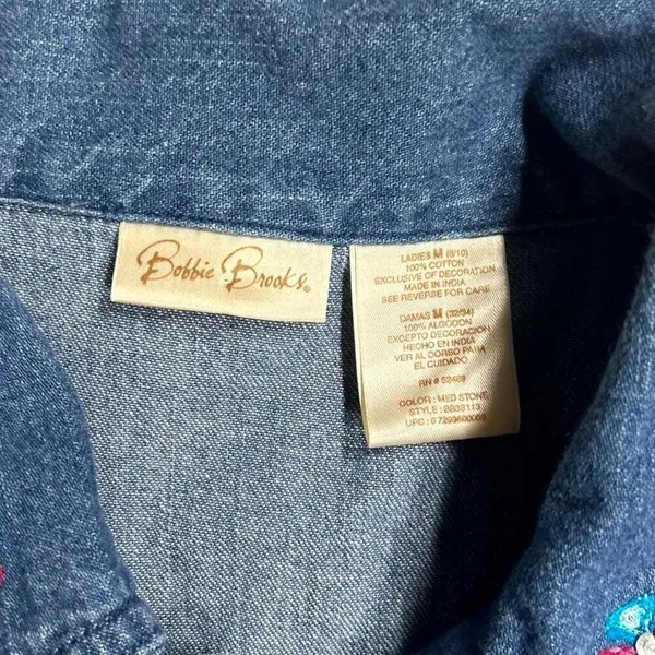 Vintage Bobbie Brooks Embroidered Floral Blue Jean Denim Jacket Women’s Size M - Image 3