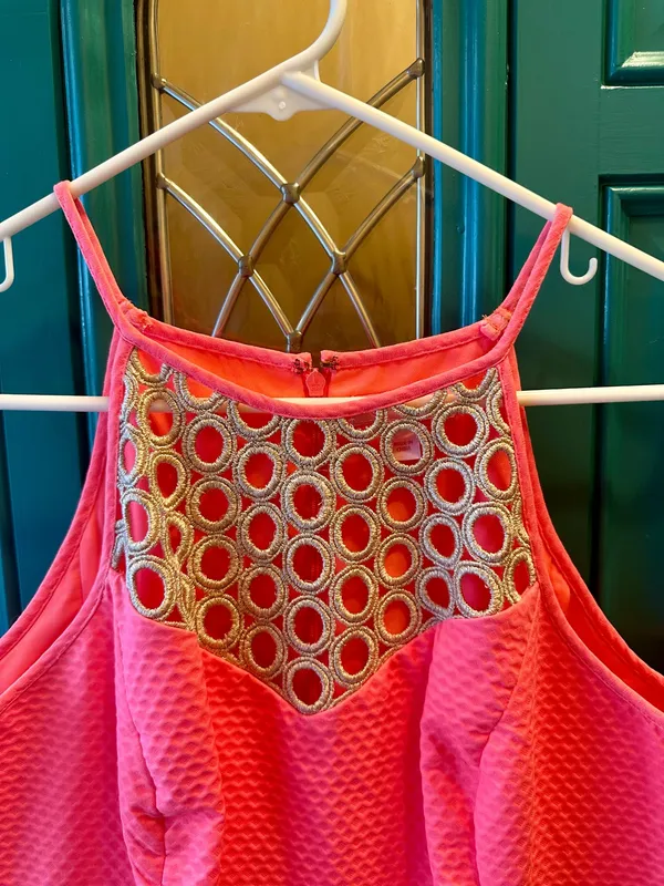 Lilly Pulitzer Larina Shift Dress Pink Sun Ray Crochet Lace Neck Halter 10 - Image 4