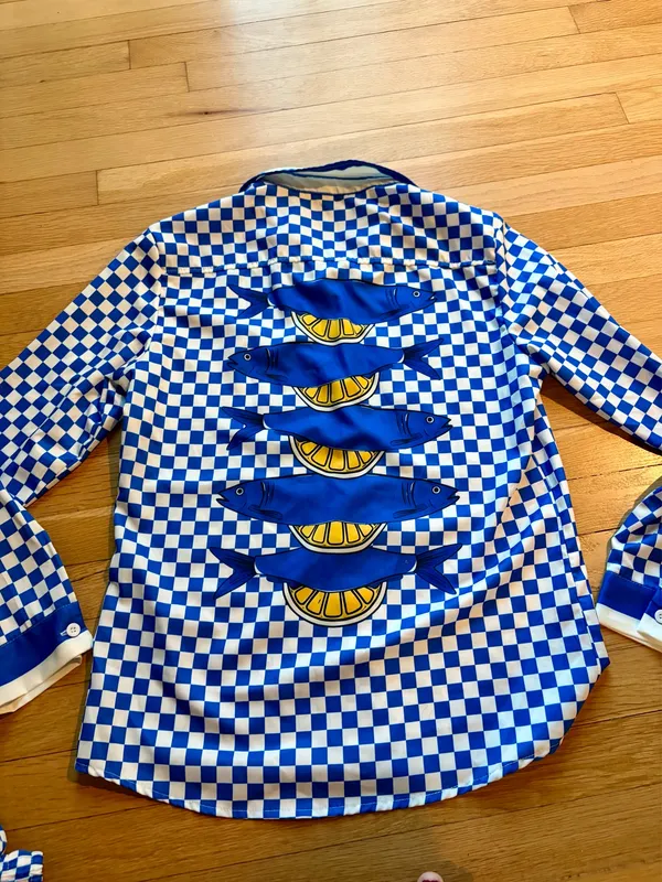 NWOT Blue Checkerboard Sardine Fish Matching Shirt & Pants Set - Image 8