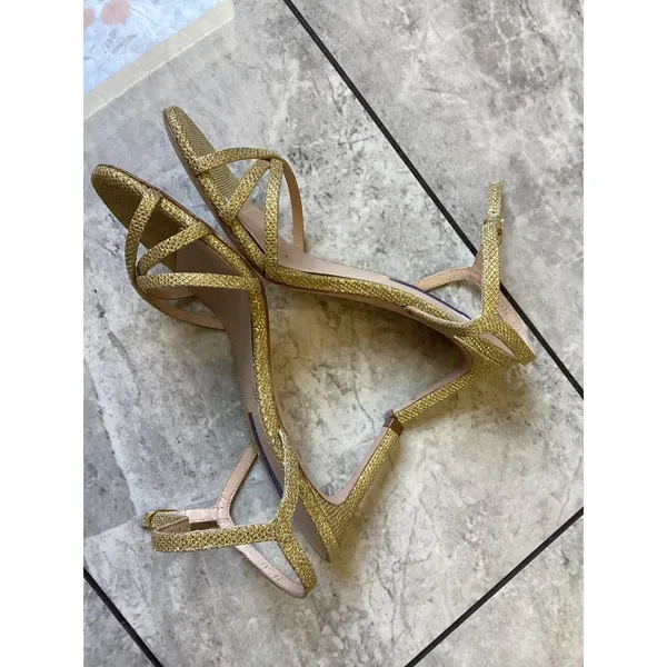 Stuart Weitzman Gold Glitter Strappy Ankle Strap Sandals Heels 6.5M 13694 - Image 3
