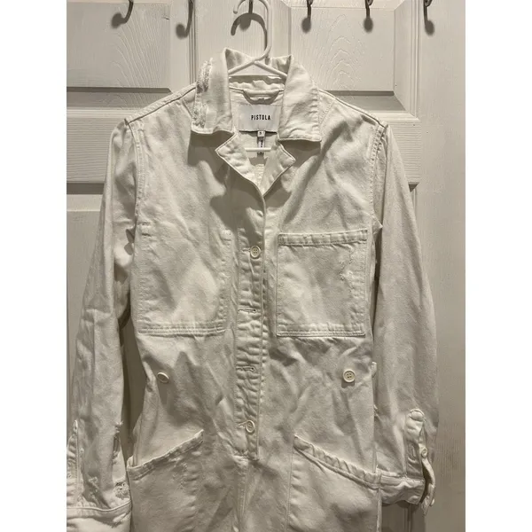 Pistola White Distressed Denim Utility Romper P1533HF-ATW Small Long Sleeve - Image 3