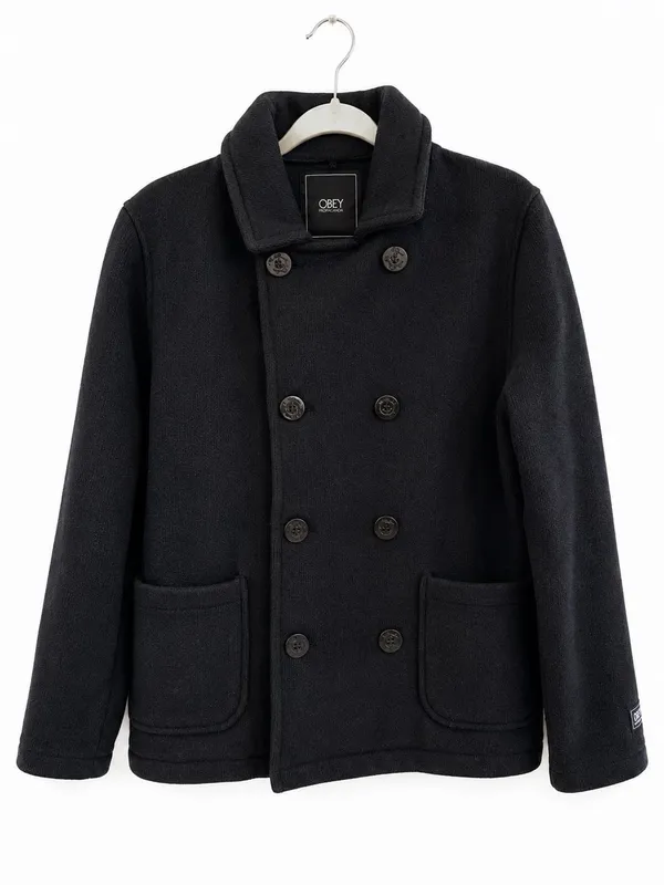 OBEY Propaganda Women’s Small Black Double Breasted Knit Peacoat Jacket - Image 2