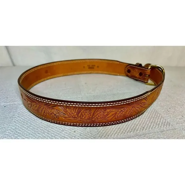 Vintage Western Tooled Leather Belt Pine Pattern& LINDA Across Middle Back Sz 32 - Image 5