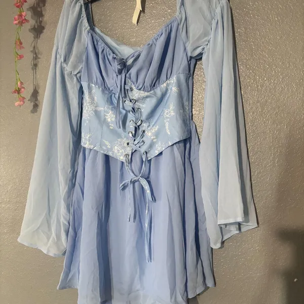 Light Blue Corset Mini Dress XS Floral Embroidered Lace Bell Sleeve Cottagecore - Image 4