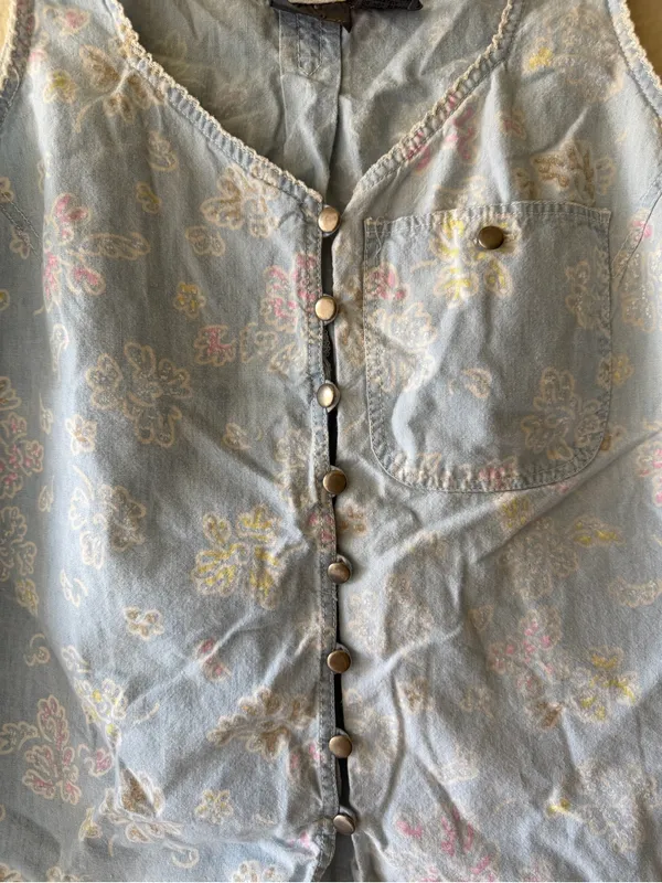 Vintage 90s Floral Cotton Button Down Vest/Top Blue Size M - Image 4