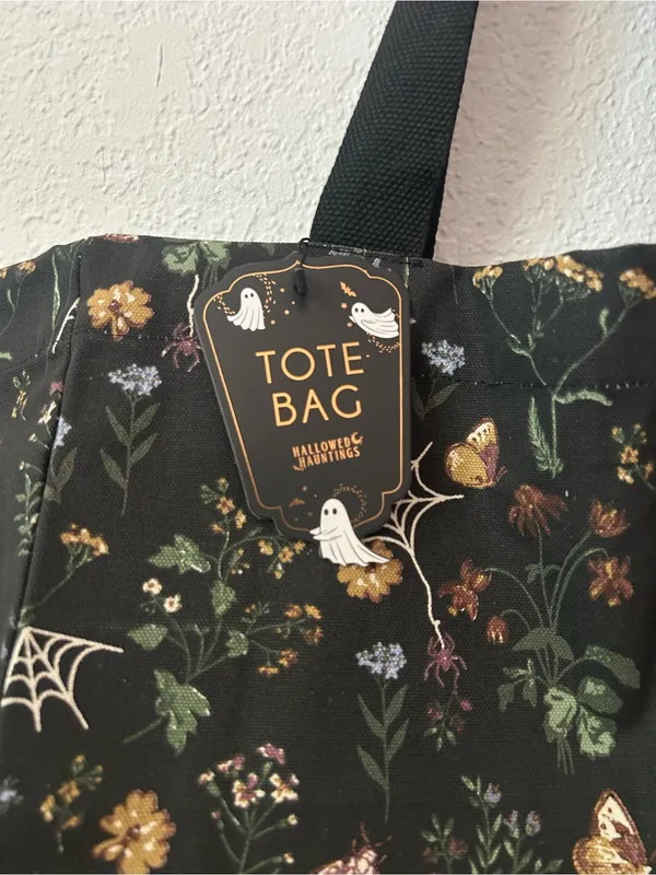 NEW Hallowed Hauntings Floral Spiderweb Moth 100% Cotton Canvas Black Tote Bag - Image 2