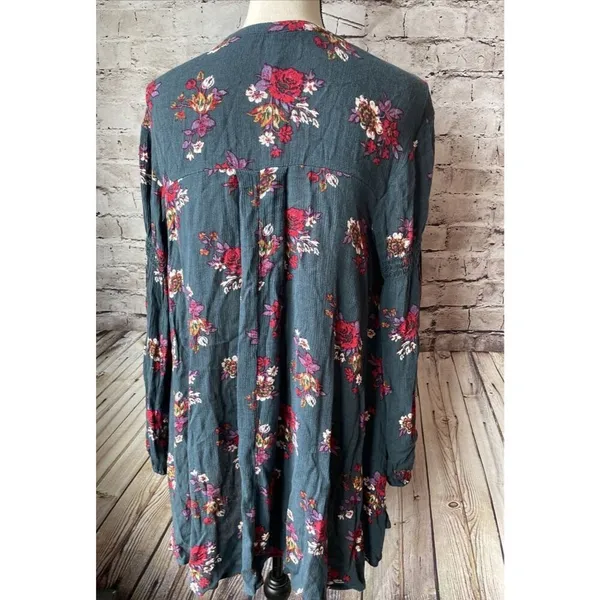 Free People Womens Shirt XS Green Floral Relaxed‎ Tunic Long Sleeve Blouse - Image 4
