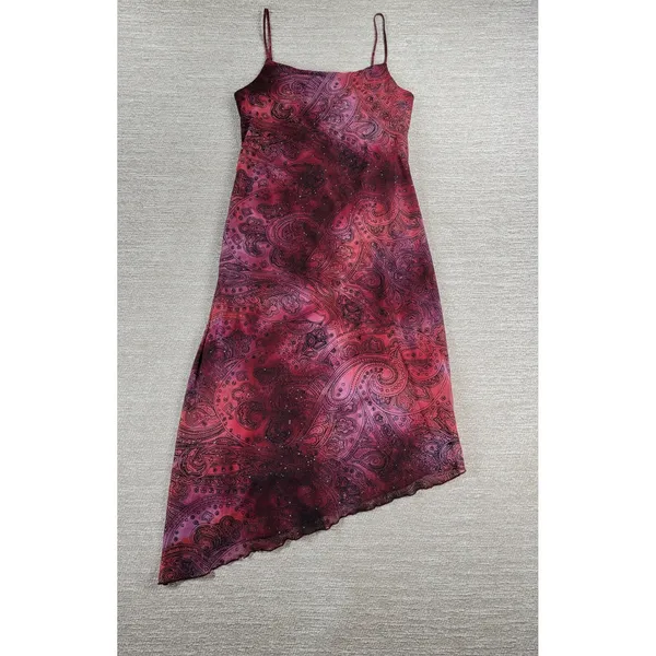 My Michelle Asymmetrical Slip Dress Large Red Glitter Y2K Paisley Fairy Grunge - Image 11