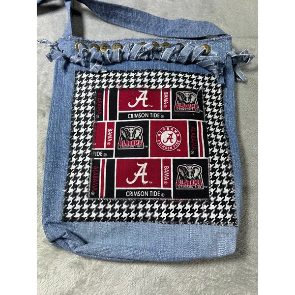 Handmade University of Alabama Crossbody Bag Denim Multi Pocket Crimson Tide - Image 4