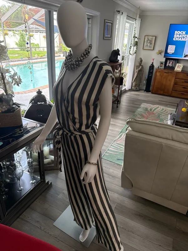 Caution to the Wind Black and White Striped Knit Surplice Jumpsuit - Image 2
