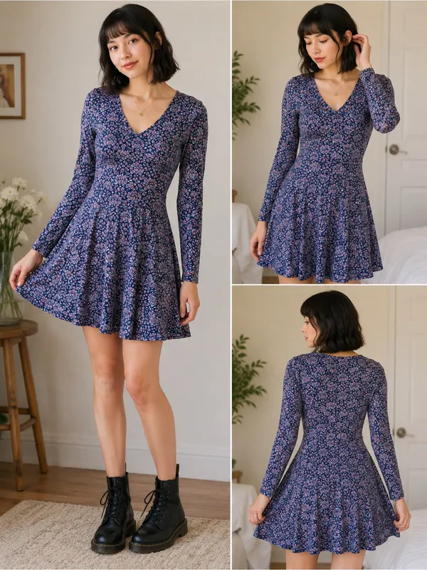 Abercrombie Floral Skater Dress Small Y2K Long Sleeve Blue Pink - Image 2