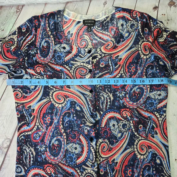 Talbots Pure Merino Wool Paisley‎ Cardigan Sweater Navy Red Blue Womens Medium - Image 5