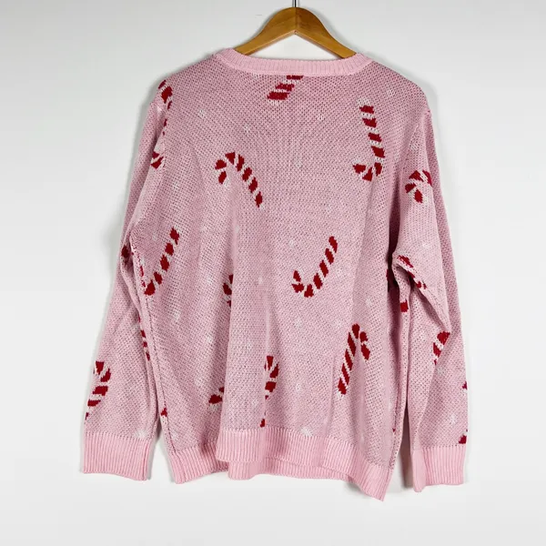 Cato Fashions Candy Cane Festive Holiday Print Pattern Crew Neck Sweater Pink - Image 4