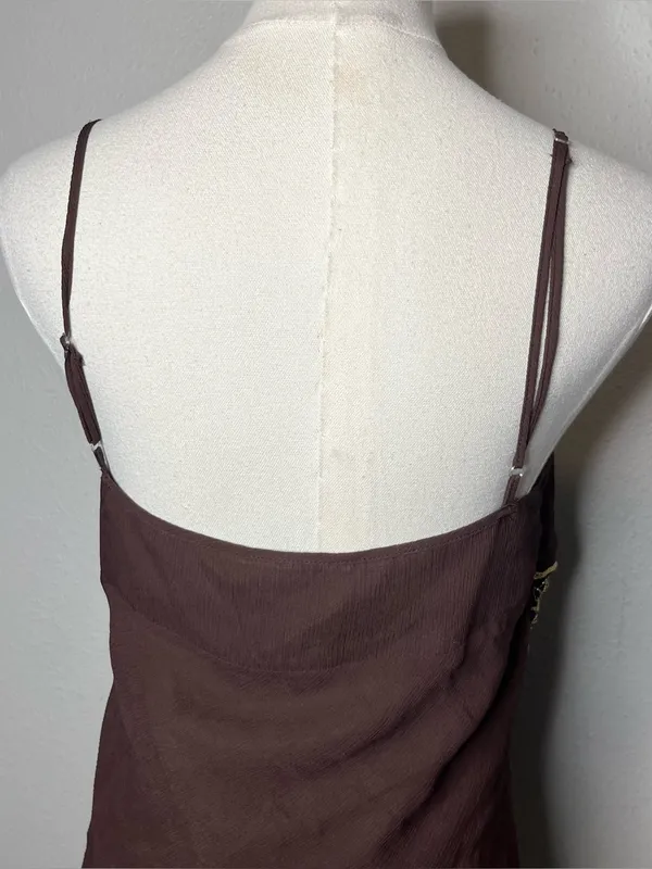 NEW Vintage Chocolate Brown 100% Silk Gold Embroidered Babydoll Top Deadstock - Image 4