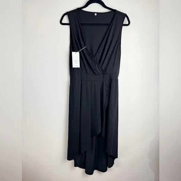 Halara Deep V Neck High Low Crossover Hem Midi Dress Black Large NWT - Image 2