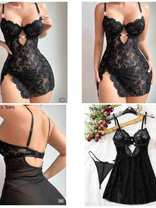 Shein Small Black Lace Mesh High Slit Mini Lingerie Dress, Rhinestone Wired Cups - Image 2