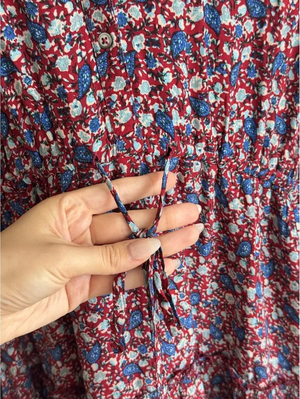 Lucky Brand Floral Mini Dress Burgundy Blue Boho Long Sleeve Size M - Image 5