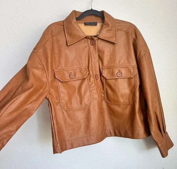 Bagatelle Collection Tan faux leather button jacket button down casual collared - Image 4