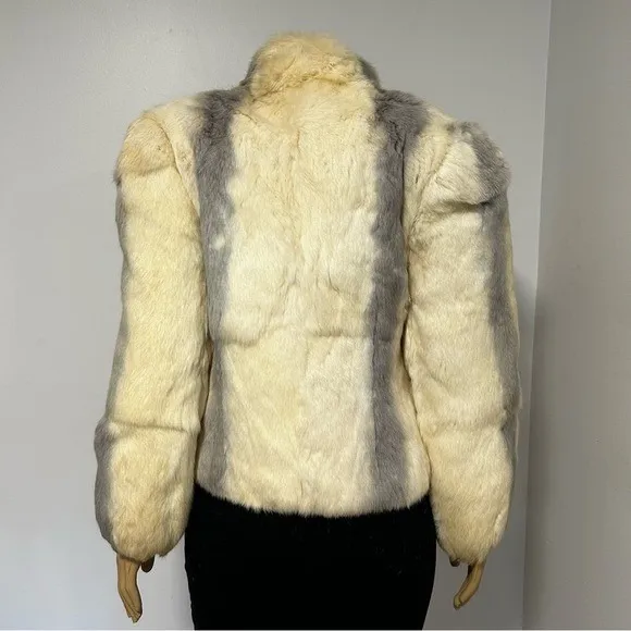 Vintage Rabbit‎ Fur Jacket Cream Grey Striped Button Front Coat Womens Medium - Image 5