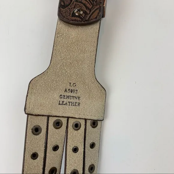 Western Genuine Leather Embossed‎ Studded Belt Vintage Rhinestone Buckle Brown L - Image 5