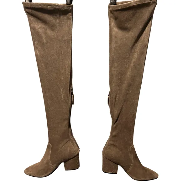 Womens Taupe‎ Suede Over The Knee Boots Block Heel Pointed Toe Back Zip Size 7.5 - Image 2