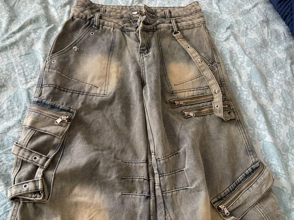 Washed Denim Cargo Pants Gray Size M - Image 3