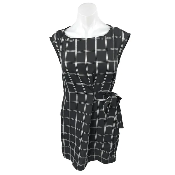 Ann Taylor LOFT Women Black White Plaid Cap Sleeve Tie Mini Sheath Dress Size 4 - Image 2