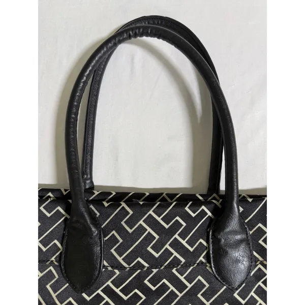 Tommy Hilfiger Monogram Tote Bag Black White Geometric Stripe Gold Buckle Charm - Image 6