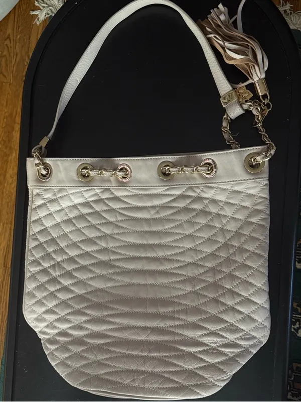BCBGMaxAzria Quilted Tassel Shoulder Bag in Light Cream - Image 2