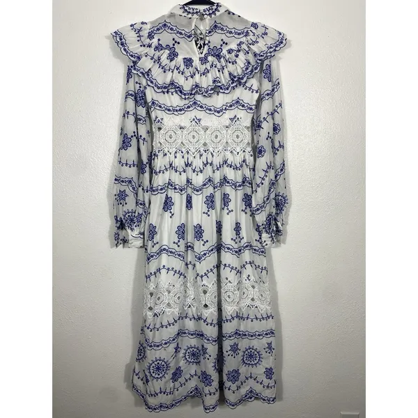 ASOS EDITION White Blue Embroidered Maxi Dress Lace Long Sleeve US 2 . - Image 6
