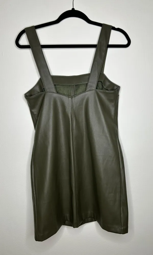 Green Faux Leather Front Pocket Mini Shift Dress Layering - Image 6