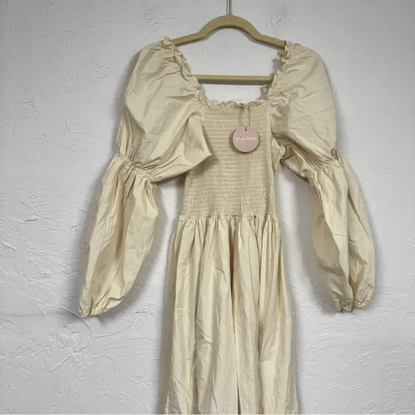 Monbebe Mom Daisy Beige Cotton Midi Dress Womens XS Cottage Core Prairie Minimal - Image 6
