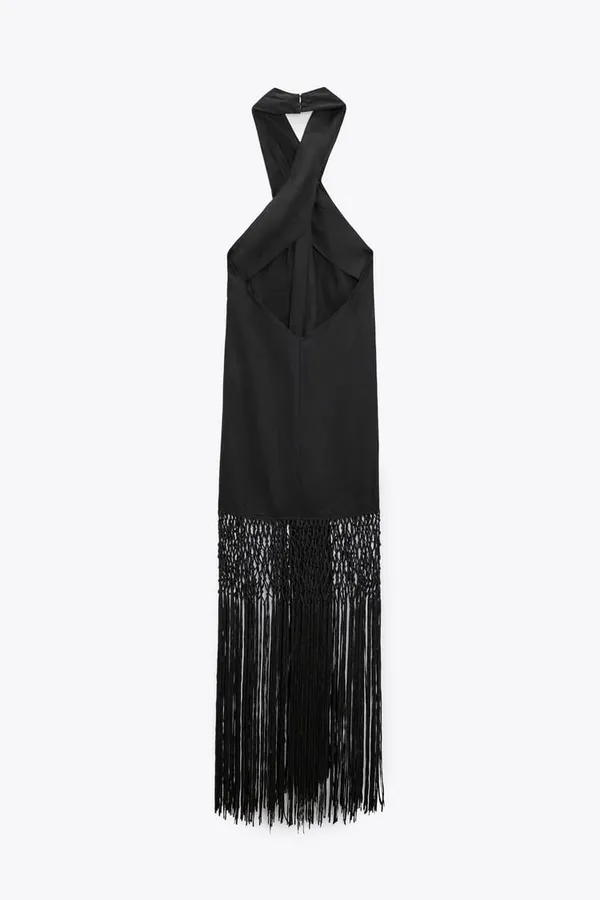 ZARA dress midi black halter neck linen fringed fringes boho - Image 14