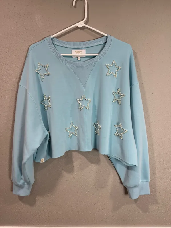 Simply Southern Light Blue Cropped Pearl Star Sweatshirt - Image 2