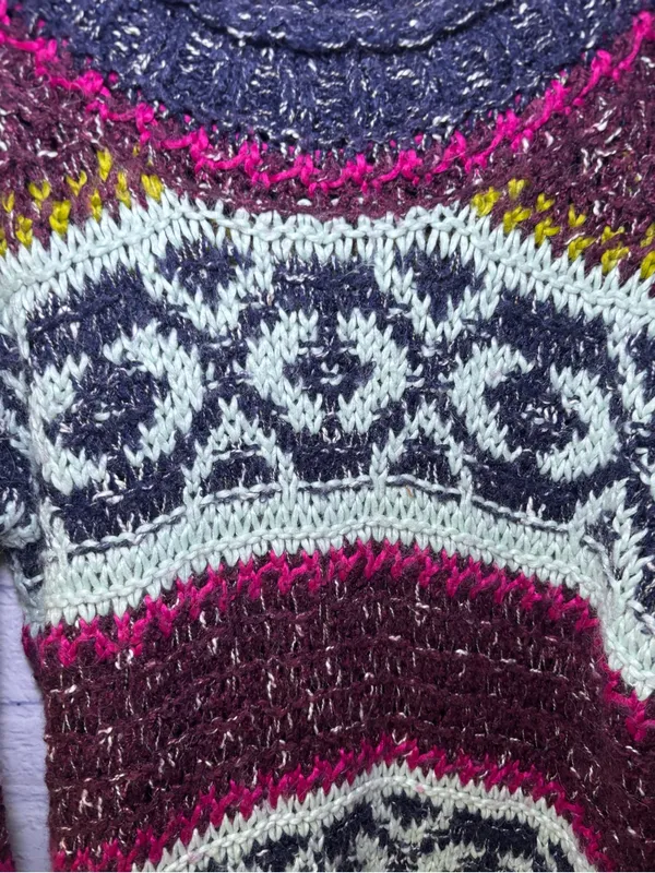 Free People Reed Fair Isle Print Chunk Knit Sweater Wool Linen Alpaca Medium - Image 4