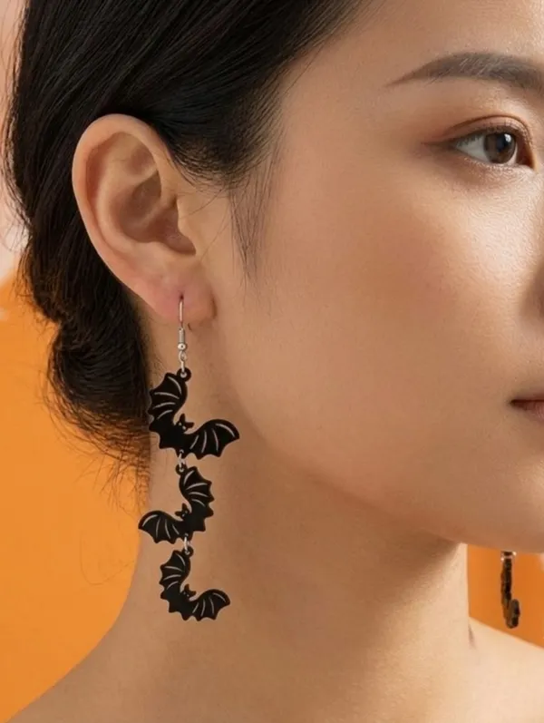 Cute 3 Black Bat Design Long Dangle‎ Earrings Cute Party Style Acrylic Halloween - Image 4