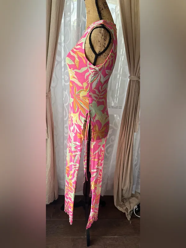 Derek Heart Pink Tropical Floral Swim Cover Up Dress Sz Small Side Tie Slits - Image 4
