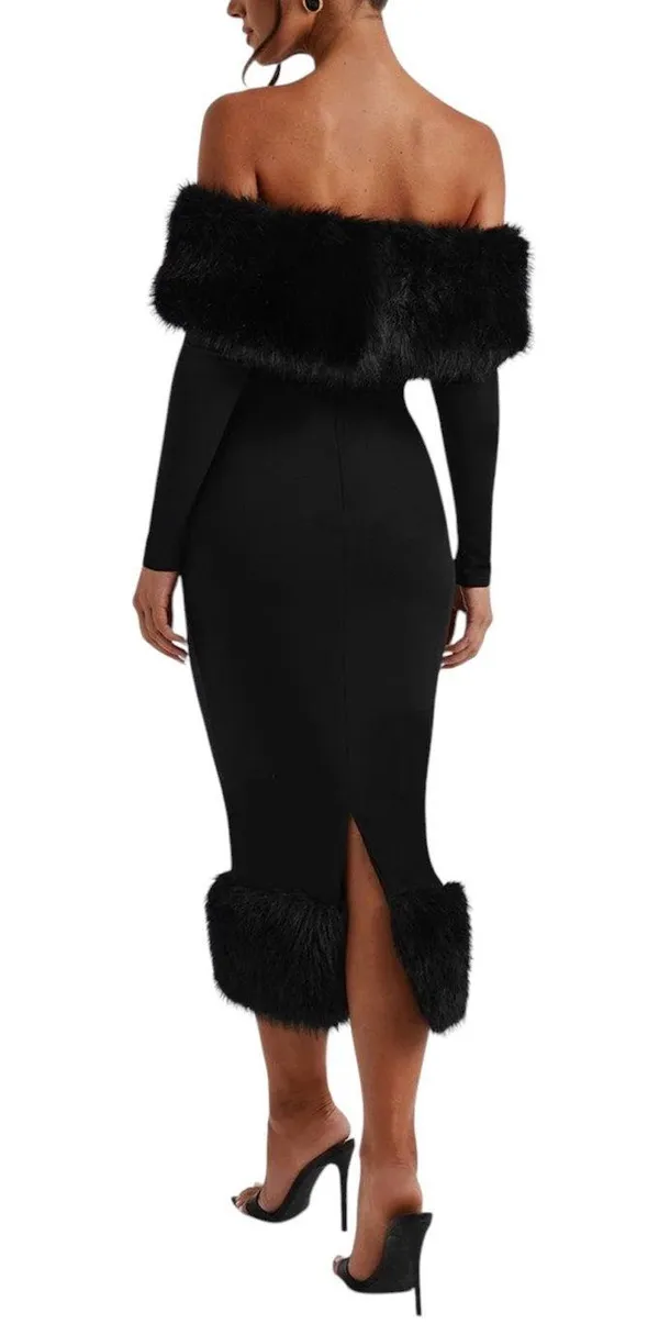 NWT Babyboo Vittoria Off Shoulder Black Faux Fur Trim Bodycon Midi Dress XS - Image 2