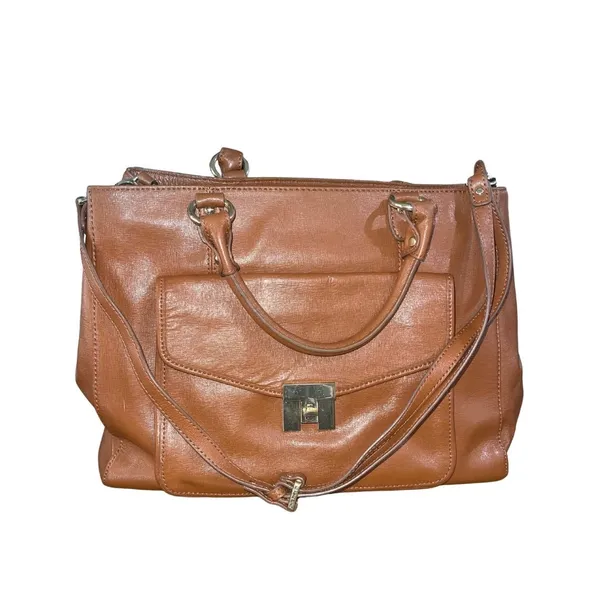 Tommy Hilfiger Brown Leather Large Tote Handbag Purse Classy Satchel Stylish - Image 2
