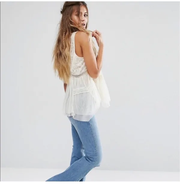Free People On The Town Romantic Cream Beaded Sequin Sheer Lace Tank - Image 2