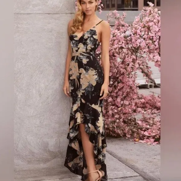 Lulus Darling Daylily Black Floral Print High-Low Maxi Dress - Image 2