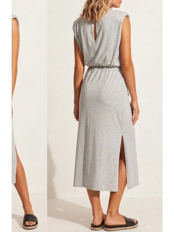 NEW Wayf Gray Sleeveless Shoulder Pad Midi Dress Split side NWT - Image 5
