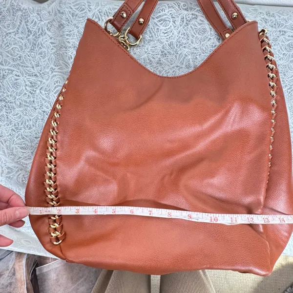 Bebe Colette Triple Entry Hobo Cognac Brown Shoulder Bag Chain Whlpstitch Slouch - Image 10