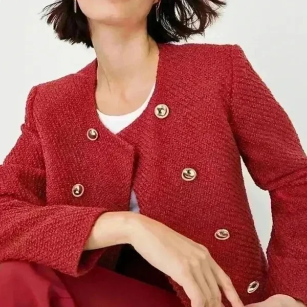 Ann Taylor Tweed Crew Neck Double Breasted Jacket Size 14 Bright Brick Old Money - Image 2